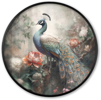 Poster in lijst Rond - Fotolijst 60x60 cm - Posters - Pauw - Pauwenveren - Vogel - Jungle - Bloemen - Ronde posterlijst zwart - Decoratie - Wanddecoratie woonkamer - Muurdecoratie slaapkamer