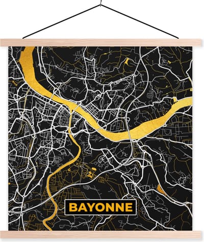 Posterhanger incl. Poster 40x40 cm - Schoolplaat - Plattegrond - Bayonne - Stadskaart - Frankrijk - Kaart - Textielposter - Blanke latten - Stadskaart