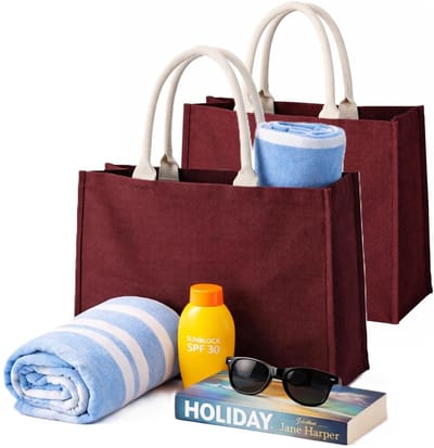 Jute boodschappen strandtas - 2x - bordeaux rood - 42 x 36 cm - Strandartikelen beach bags/shoppers - 22 liter