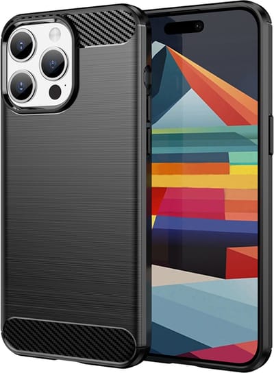 MobyDefend Hoesje - Geschikt voor iPhone 15 Pro Max - TPU Backcover - Geborstelde Metaal & Carbon-Look - Zwart