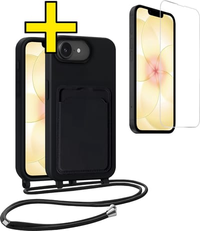 Hoesje Geschikt voor iPhone 17e Hoesje Met Koord Met Screenprotector Siliconen Case - Hoes Geschikt voor iPhone 17e Backcover Met Afneembaar Koord - Zwart