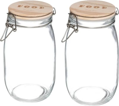 5Five Weckpot/voorraadpot - 2x stuks - 1,5L - glas - houten deksel en beugelsluiting - luchtdichte afsluiting