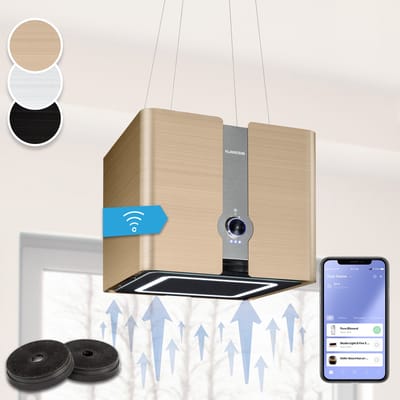 Klarstein Futurelight Smart Afzuigkap vrijhangend - Afzuigkap recirculatie met 413m³/u afvoercapaciteit, Eilandkap recirculatie met LED-verlichting, Roestvrij staal, goud