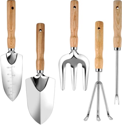 Tuingereedschapsset 5-delig - Roestvrijstalen Tuinschep, Hark en Onkruidsteker - Handgereedschap met Houten Handvatten voor Bloembakken, Moestuin & Klein Tuinwerk