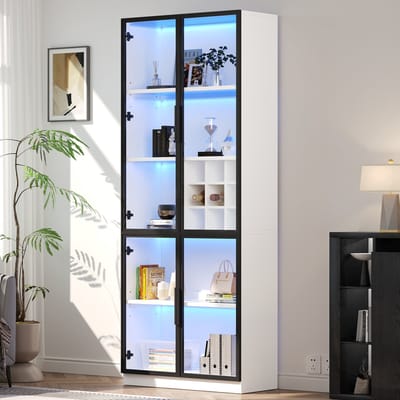 Wishdor Vitrinekast - 5 Niveaus - Glazen Deuren Met Aluminiumframe - LED Met App-Bediening - Spaanplaat - Wit - 80 x 35 x 200 cm
