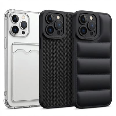 Grijs en zwart telefoon hoesje set met kaartvak en structuur design geschikt voor iPhone 13 Pro – backcover cases voor dames en heren met transparant hoesje, geribbelde textuur en gewatteerd uiterlijk