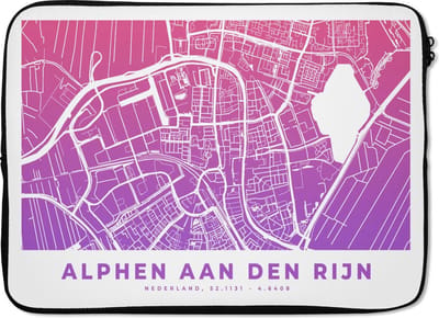 Laptophoes 14 inch - Stadskaart - Alphen aan den Rijn - Paars - Roze - Laptop sleeve - Binnenmaat 33x23 cm - Zwarte achterkant