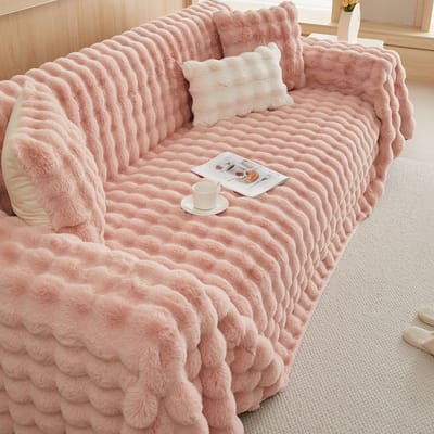 Qelus Bankhoes - 1-delige Pluizige Sofahoes – Zachte Konijnenbont Stijl – Dikke Bankhoes voor Stoelen, Banken of Bed – Warm Winterhoes voor Woonkamer & Slaapkamer (L180* B180cm) - Roze