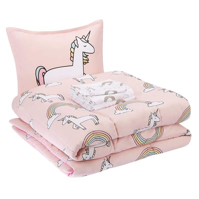 MAZAZU Wasbaar Kinderdekbed Zonder Overtrek - 140x200 cm - Roze Eenhoorns & Regenboog - All-Year - Hypoallergeen & Zacht