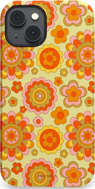 Casetastic Hoesje Geschikt voor Apple iPhone 14 Plus Magsafe - Stijlvolle Beschermende Duo-layer Case - Retro Oranje Bloemen