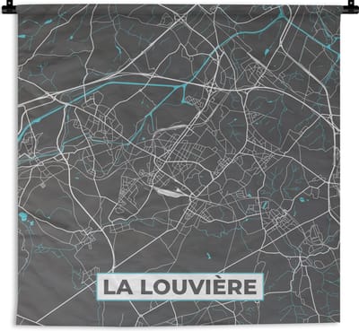 Wandkleed - Wanddoek - Plattegrond – La Louvière – Blauw – Stadskaart - Kaart - 180x180 cm - Wandtapijt