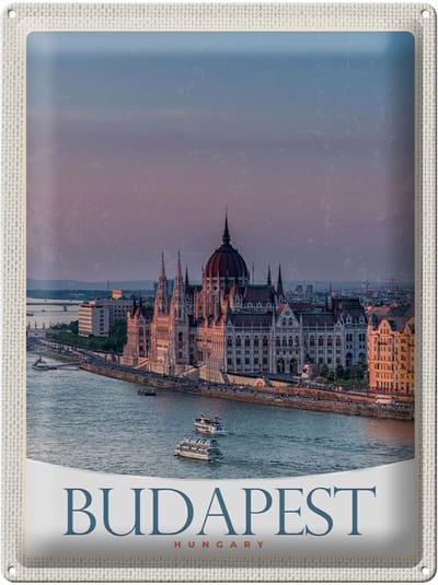 Blechschild Reise 30x40cm Aussicht auf Budapest Kirche Ungarn