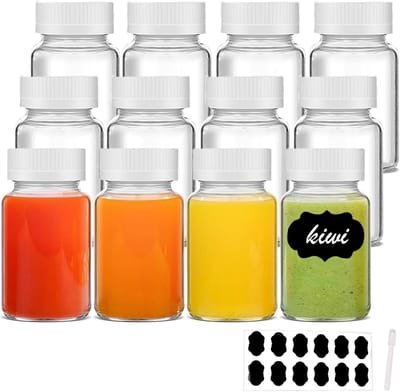 Famanu - Set van 12 mini-shotflessen 60 ml met witte dop, etiketten en pen, geschikt voor likeur, gember en jenever – Transparant