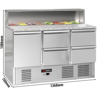 GGM Gastro Saladette ECO - 1368mm - 1 Tür & 4 Schubladen - mit Edelstahlaufsatz für 8x GN 1/6 Zilver