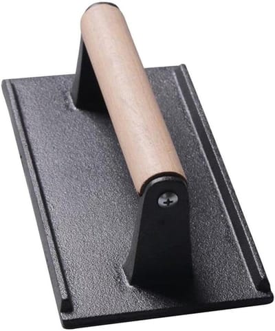Burgerpers Gietijzer - Vleespers Grill - Perfecte Burgers Maken - Professioneel Textuurontwerp - 21x11 cm - Zwart Hout