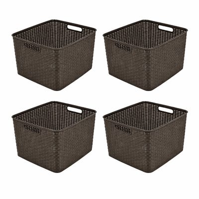 Opbergmand 28,5L Set van 4 Kunststof Rattan Design – Mandjes Riet Look – Opbergbox – Kinderkamer – Keukenkast en Kledingkast Organizer – 40x34x23 cm