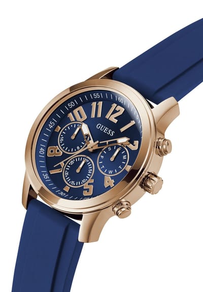 Guess Parker Multifunctioneel Horloge Blauw Kast Gemaakt Van 100% Roestvrij Staal En Een Bandje Van 100% Siliconen 44 GW0708G1, GW0708G2, GW0708G3