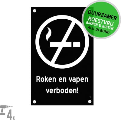 Pictogram/ bord Dibond + boorgaten | "Roken en vapen verboden" | 17 x 27 cm | Zwart | Verbod | Stijlvol | Duurzaam materiaal | 1 stuk