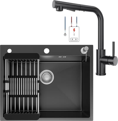 CECIPA max Spoelbak Keuken 60x49CM - Met keukenkraan met uittrekbare uitloop - Gootsteen RVS - Spoelbak Met Kraangat - Spoelbak Met Zeepdispenser - Overloop en Sifon - Antraciet