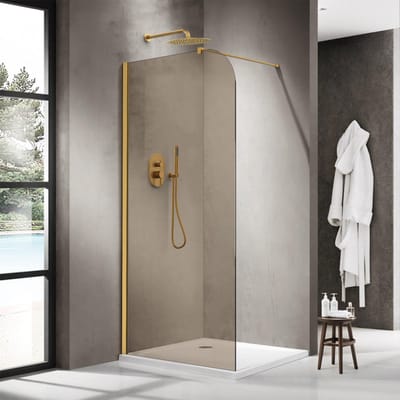 FugaFlow Eccelente Vetro Inloopdouche - 110x200cm - afgeronde glaswand - rook glas - wandarm - geborsteld messing PVD (Goud)