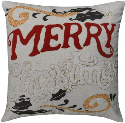 Urbane Hide | Kerst Kussenhoes | Kussenhoezen | Kussenhoesjes | Christmas | Borduurwerk & kralenwerk | Merry Christmas tekst met hulst | 45x45 cm | Katoen/linnen | Rood/wit | Zonder Binnenkussen