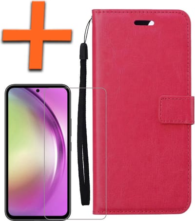 Hoes - Met Screenprotector - Geschikt voor Samsung Galaxy A54 - Luxe Pasjeshouder - Bookcase Portemonee - Flip Case - Kunstleer Book Case - Flipcase - Book Cover - Walletcase - PortemonneeHoes - Donkerroze