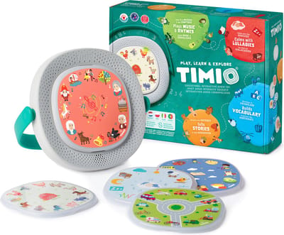 TIMIO Player Starter Kit + 5 Discs – Model 2024 - Batterijen | Kinderliedjes, Verhaaltjes & Quizvragen | Leert Letters, Kleuren, Getallen, Dieren | 8 Talen (NL/FR/EN/DE...)