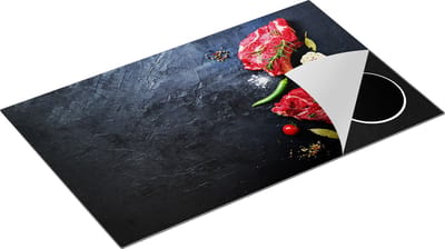 Chefcare Inductie Beschermer Rood Vlees met Groentes op een Marmeren Plaat - 85x52 cm - Afdekplaat Inductie - Kookplaat Beschermer - Inductie Mat