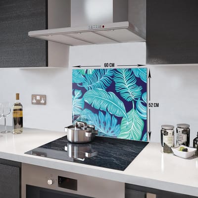 Blauwe Tropische Bladeren Tempered Glas Spatbescherming Voor Achter de Kookplaat 52cm x 60cm