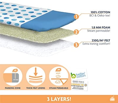 Strijkplankhoes met parkeergebied – 120x40 CM – 100% BCI Katoen met Extra Dikte – Ideaal voor Strijkcomfort