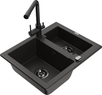 Mexen Carlos granieten spoelbak 1,5-komorige met keukenmengkraan Duero, zwart/goud metallic - 6518-75-671600-70-B