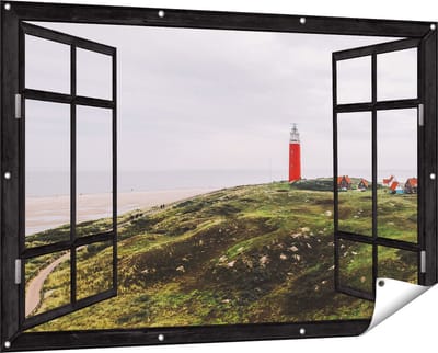 Gards Tuinposter Doorkijk Vuurtoren Texel - 150x100 cm - Tuindoek - Tuindecoratie - Wanddecoratie buiten - Tuinschilderij