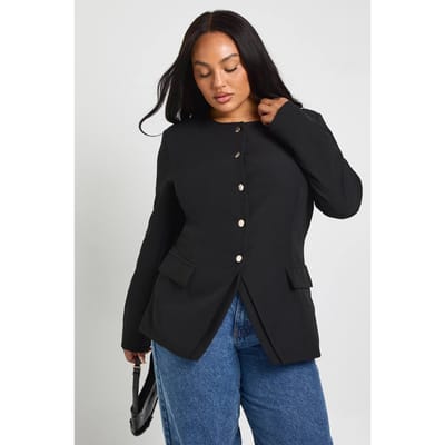 boohoo Dames Plus blazer met knoopsluiting en gespleten zoom | Zwart | Maat: 44