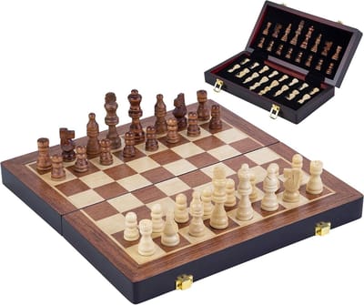 Schaakset Hout - Schaakbord Set - Gezinsactiviteiten - Opvouwbaar Essenhout - 385 cm - Wit-Bruin