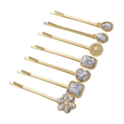Goudkleurige haarschuifjes dames set met wit marmer look steen en bloem vorm – bohemian retro haarspelden voor vlechten knot en paardenstaart – zevendelige set
