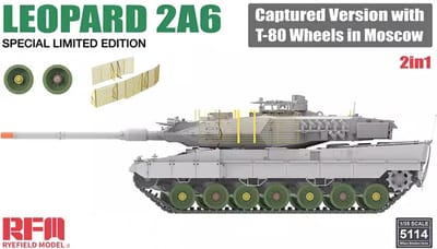 Rye Field Model Modelbouwpakket Militaire voertuigen - 5114 Leopard 2A6 Tank - Gevangen versie met T-80 wielen in Moskou Plastic - 1:35 - Modelbouw