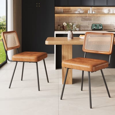 DESMIU Eetkamerstoel 61 x 46 x 79 cm - Set Van 2 Met Rotan Rugleuning En Kunstleren Zitting - Voor Eetkamer En Woonkamer - Metaal Bruin