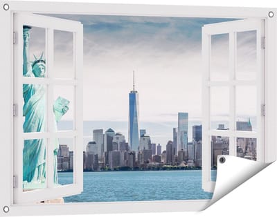 Gards Tuinposter Doorkijk Vrijheidsbeeld in New York - 90x60 cm - Tuindoek - Tuindecoratie - Wanddecoratie buiten - Tuinschilderij