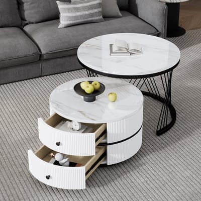 STILVORA Salontafels - Salontafel Met Lade En Marmerlook - 2 Delige Rond Set Voor Woonkamer - MDF - Zwart - 60x60x46+50x50x30.8 cm
