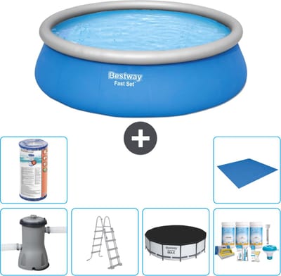 Bestway Rond Opblaasbaar Fast Set Zwembad - 457 x 122 cm - Blauw - Inclusief Pomp - Ladder Afdekzeil - Onderhoudspakket - Filter - Grondzeil