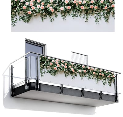 Balkonscherm 300x95 cm - Balkonposter Bloemen - Muur - Rozen - Groen - Balkon scherm decoratie - Balkonschermen - Balkondoek zonnescherm