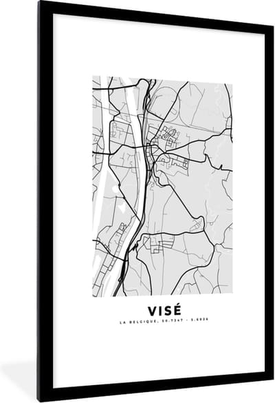 Fotolijst incl. Poster Zwart Wit- Zwart Wit – België – Plattegrond – Stadskaart – Kaart – Visé - 80x120 cm - Posterlijst