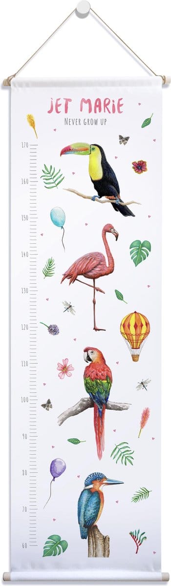 World of Mies groeimeter vogels met naam - Toekan flamingo papegaai ijsvogel - Gepersonaliseerde meetlat van stof - kraamcadeau - Dieren in aquarel geschilderd door Mies - 40 x 140 cm