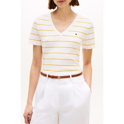 Tommy Hilfiger Slim Cody V-neck Ss Fine Ecru/orange Flash Größe: XS | Hemden Outlet | Damen | Braun