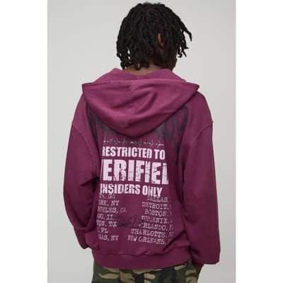 Oversized Boxy Exclusieve Slogan Gotische V-hals Ruwe zoom Bedrukte Gewassen Hoodie | Burgundy | Size XS