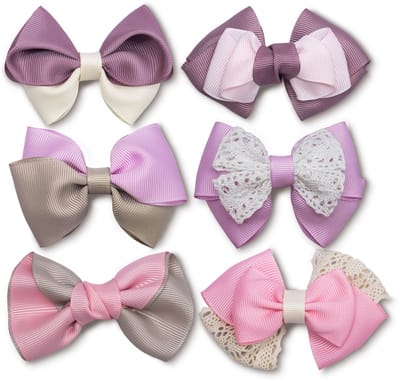 Haarstrikken met lint voor meisjes, set van 6 handgemaakte krokodillenstrikken in roze, mauve en lila, haaraccessoires voor kinderen en meisjes