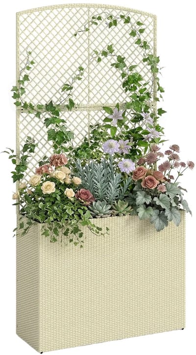 Plantenbak met klimrek - Bloembak - Weerbestendig - Met trellis - Buiten - Staal - Plantenrek - Beige