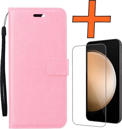 Hoes - Met Screenprotector - Geschikt voor Samsung Galaxy S23 FE - Luxe Pasjeshouder - Bookcase Portemonee - Flip Case - Kunstleer Book Case - Flipcase - Book Cover - Walletcase - PortemonneeHoes - Lichtroze