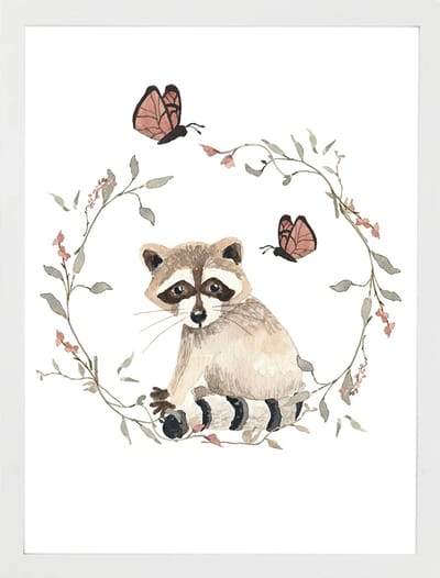 Poster aquarel wasbeer vlinder-Kinderkamer-Poster A4 formaat-Wanddecoratie-bosdieren- Kinderkameraccessoires
