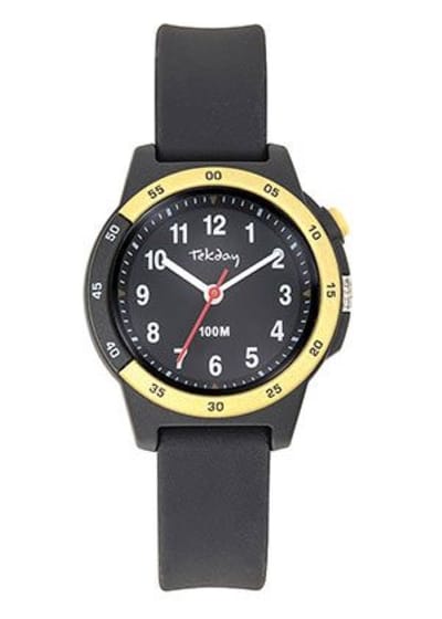 Tekday-Kinder horloge-Analoog-32MM-Waterdicht 10ATM-Lampje-Achtergrond verlichting-Silicone band-Zwart/Goudkleurig